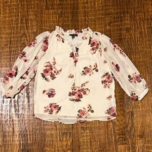 Grace Floral Sheer Sleeve Blouse Ruffle Neck Tie Front Cream Pink Size M